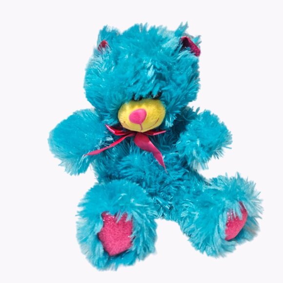 Toy Factory Teddy Bear 11 Inch Blue Fuzzy Pink Bow Plush Stuffed Animal Toy - Picture 1 of 5